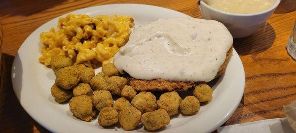 Country fried steak, Mac n cheese, fried okra