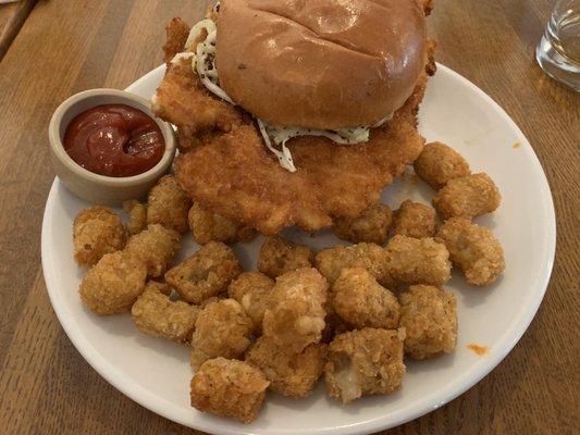 Korean chicken sandwich with tater tots