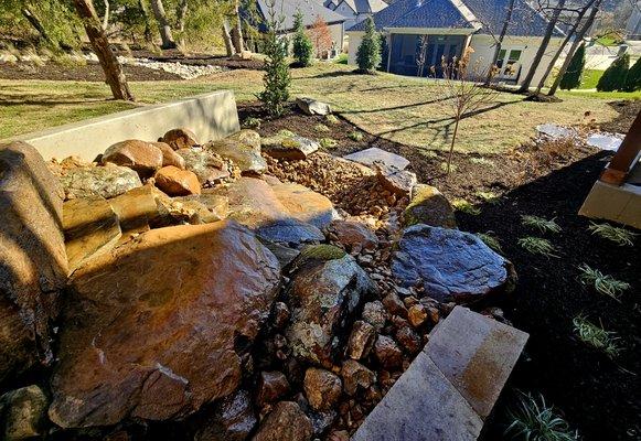 Water feature and new Landscape designed and installed by Tuff Turf Landscape in December of 2024 in Lenexa.