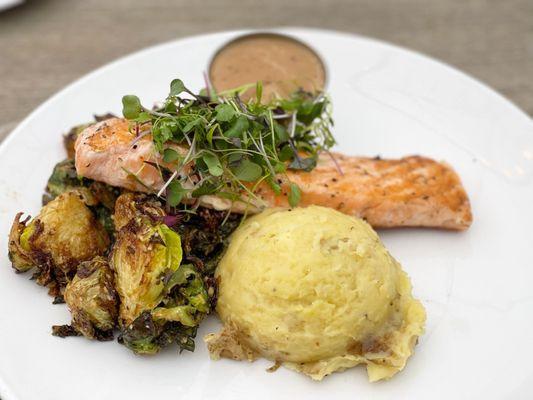 Pan seared salmon with brussel sprouts and garlic mashed potatoes