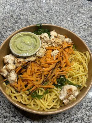 Grilled Chicken Breast, noodles, kale, and carrots with avocado sauce