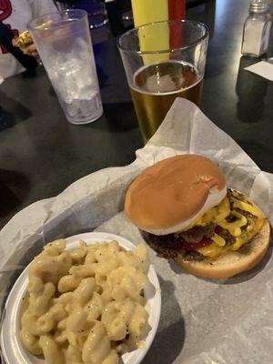 Double cheeseburger and Mac n cheese