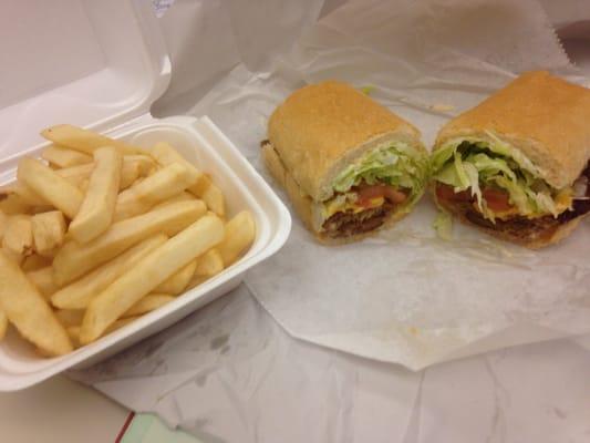 Small Hot Sausage po-boy and fries.