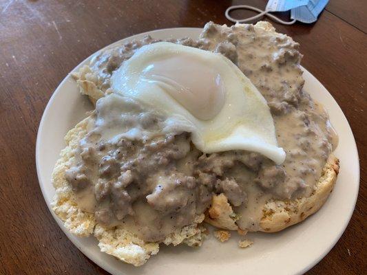 Biscuits and Gravy with an egg and cheddar jalapeño biscuit.