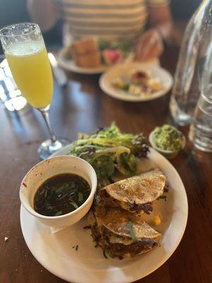 Birria Tacos with broth & Mimosa (the salad doesn't come with it. I had some of my mom's along with an added side of guacamole)