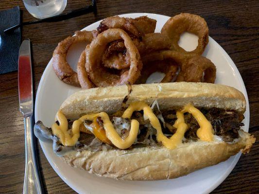 Steak and Cheese with Onion Rings. Excellent.