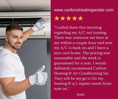 Testimonial of Carlton's Heating and Air