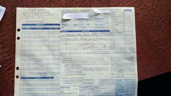 The bill from TNT Auto saying there is nothing wrong. NO LEAKS!