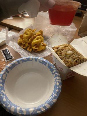 Chicken Lo Mein and Krab Tons Wantons