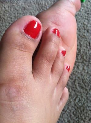 I was very disappointed with my pedi. The Polish was very messy, my nails were cut but not filed.