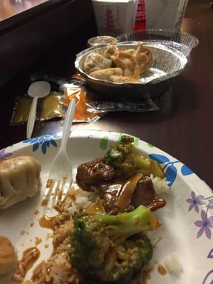 Beef broccoli with pan fried potstickers