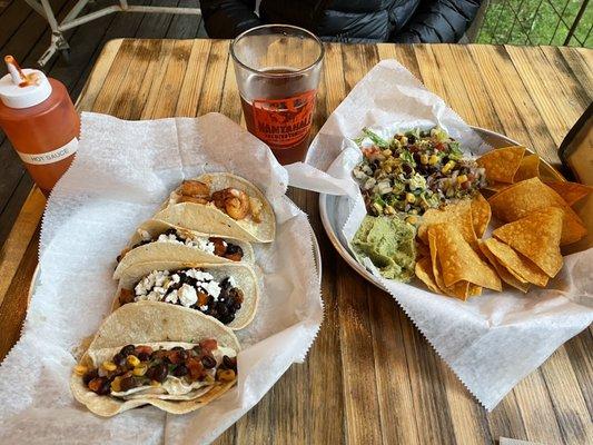 Tacos, beer, avocado & corn greens salad