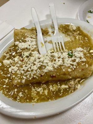 Chicken enchiladas with green sauce.