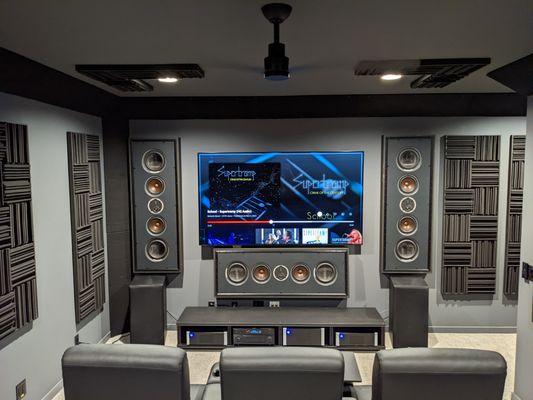 We design the room to the client's wishes - even if the wall of speakers dwarf the 85" screen!  Sure sounded incredible!