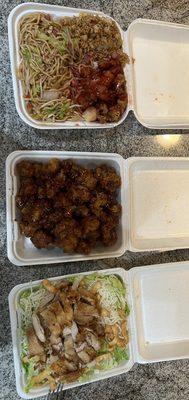 Combo plate - Pork Chow Mein, Pork Fried Rice, Sweet and Sour Pork; Orange Chicken; Chinese Chicken Salad