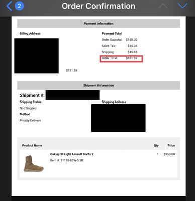 Order confirmation. Never shipped. No refund.