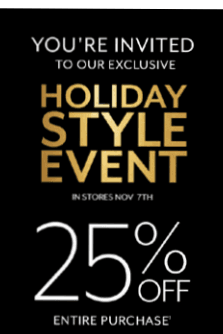 25% off your entire purchase! In-store event.
November 7th- November 10th! PLUS, SELECT DENIM AND BOTTOMS $69!