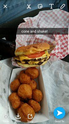 Double cheeseburger and fried mushrooms yum!!!