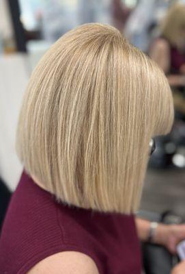 Blonde hair color, Bob hair cut and style by Martika.