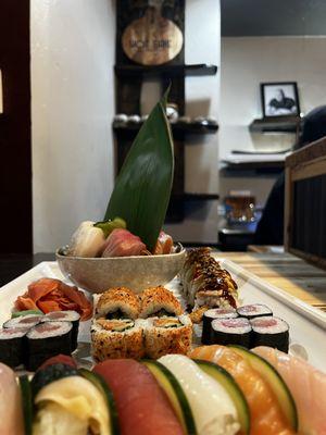 Fresh sashimi, nigiri and sushi rolls