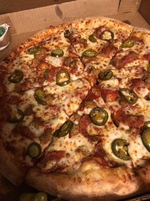 Spicy sausage, pepperoni, and Jalapeno Peppers