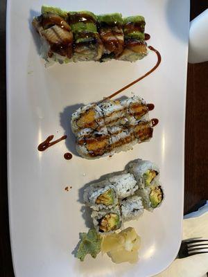 Samurai roll, sweet potato roll, peanut avocado roll