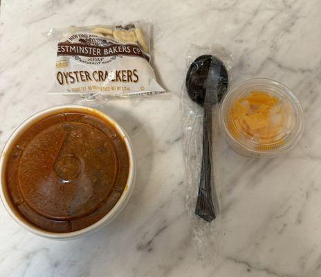 Firehouse Chili with Oyster Crackers and side of onions and cheddar cheese