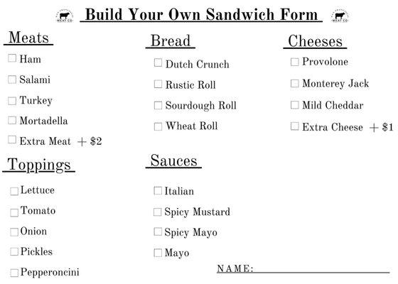 Build your own sandwich menu