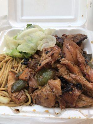 Spicy BBQ chicken with noodles and cabbage