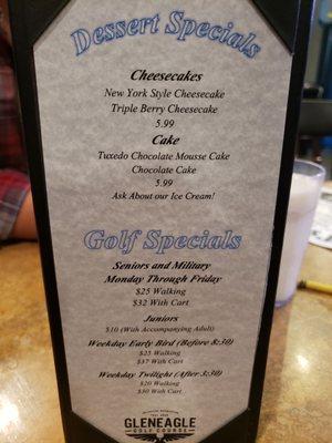 Dessert and Golf Specials