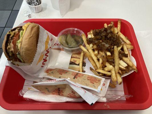 Grilled cheese sandwich animal style extra toasted buns with extra toasted French fries and animal style onions on top - really good!!