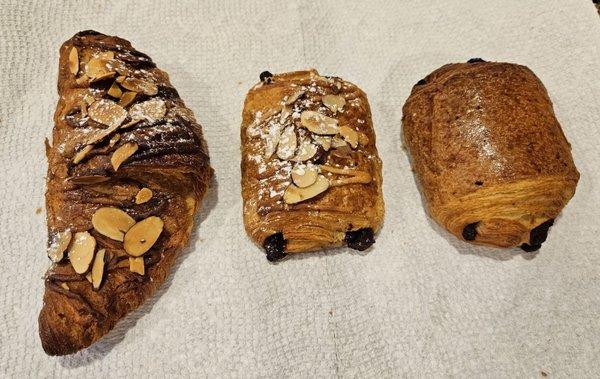 Almond, chocolate almond, and chocolate croissants