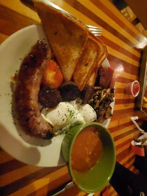 Full English breakfast with blood pudding and fried bread.