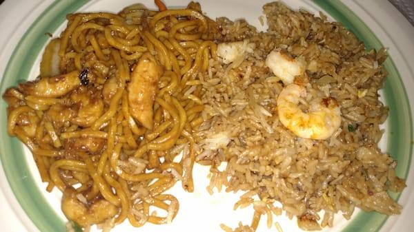 Carryout chicken lo mein and shrimp fried rice