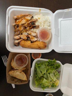 Chicken Rice & Egg roll, potstickers & salad.