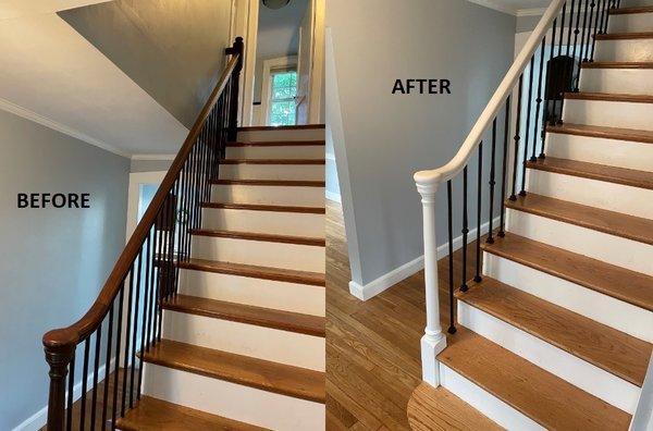 Staircase before and after. Painted handrail and iron balusters with wider spacing