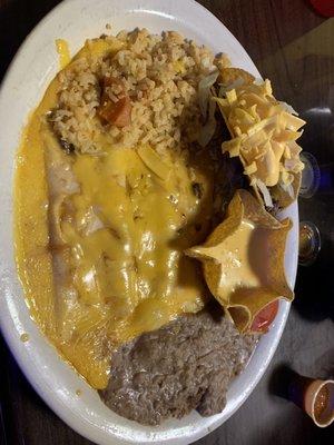 Cheese enchiladas and beef taco combo with rice/beans