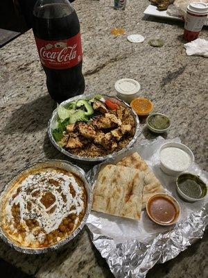 Chicken Kebab w/ rice, salad and eggplant