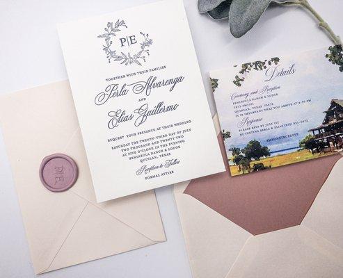 Letterpress invitation with wax seal, colored envelope and liner.