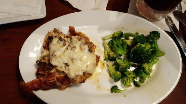 Asiago bacon chicken with side of steamed broccoli.