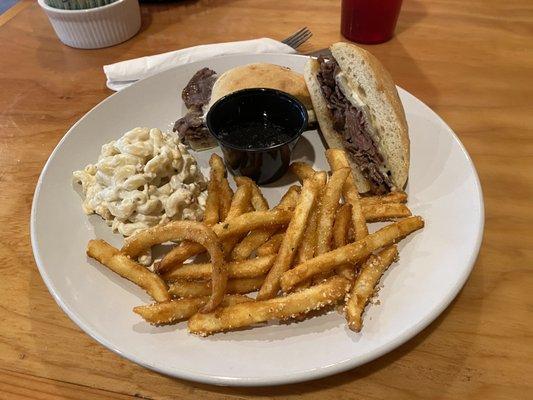 Prime rib dip with fries and ranch macaroni salad