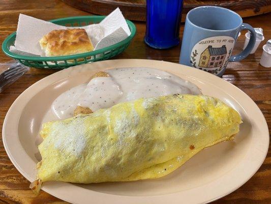 Omelette with hash browns, gravy, biscuit and coffee!