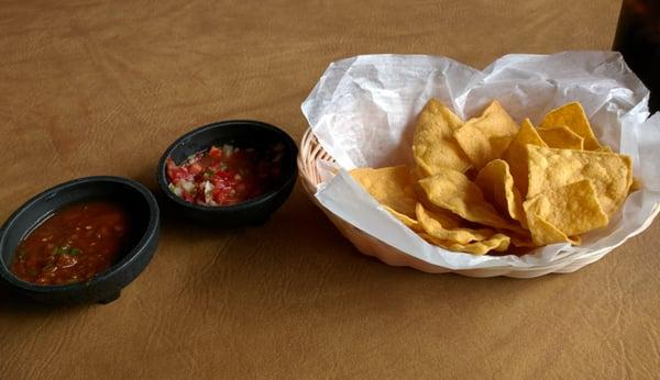 Free chips and salsa. The smooth red sauce is really good i asked for seconds to put on the beans and rice.