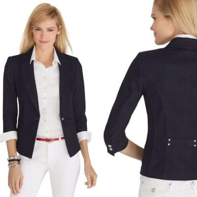 Sleek, peaked lapel denim blazer with 3/4 sleeves!