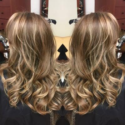 Colored Dark Warm Ash Blonde Base with Blush Blonde Balayage Highlights