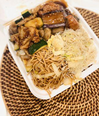 Eggplant and tofu, chicken and mushrooms and zucchini, chow mien and rice noodles