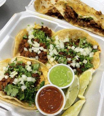 Tacos al pastor and quesadilla