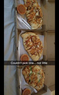 BBQ chicken calzone (top), chicken Parmesan (middle), & chicken broccoli Alfredo. All of them were DELICIOUS.