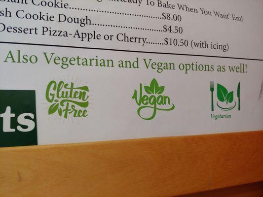 Gluten free, vegan and vegetarian options