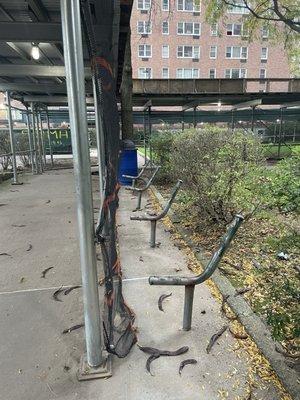 Management removed benches for safety reasons, but ironically left up the torn netting/scaffolds and can't fix the broken gates.